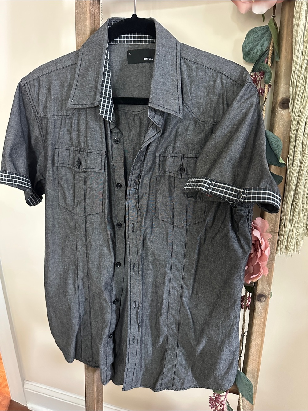 DORSIA Men's Short-Sleeve Chambray Button-Up Shirt - Gray